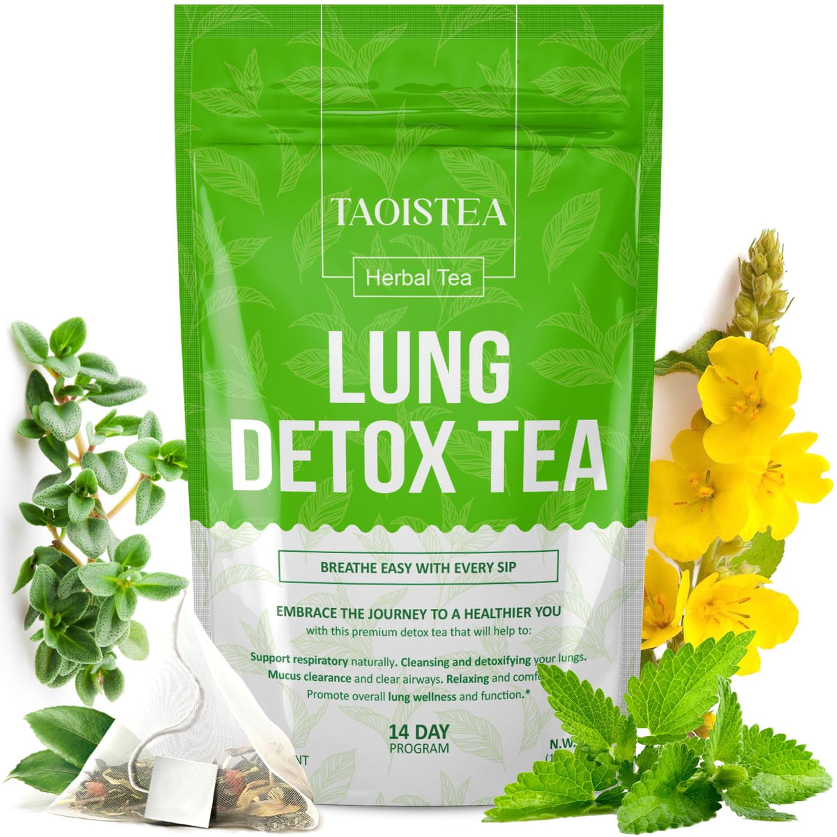 TAOISTEA Lung Detox Tea packaging showing 14 bags for daily use