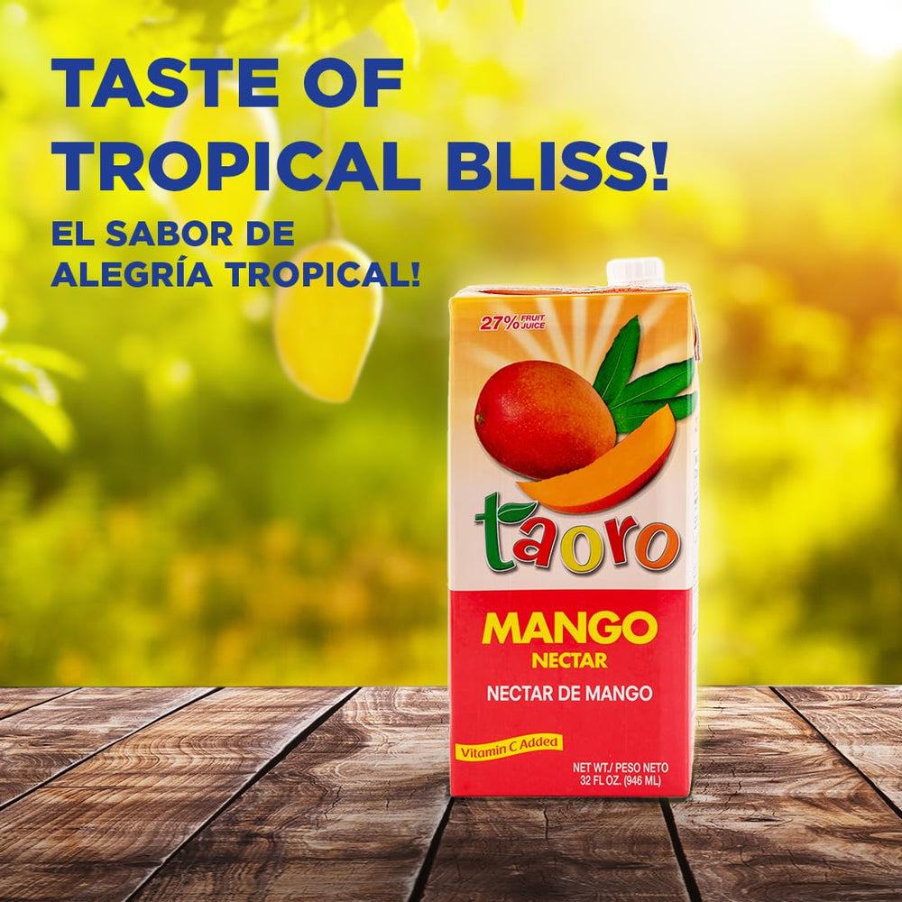 Close-up of Taoro Mango Nectar label emphasizing high-quality mangoes.