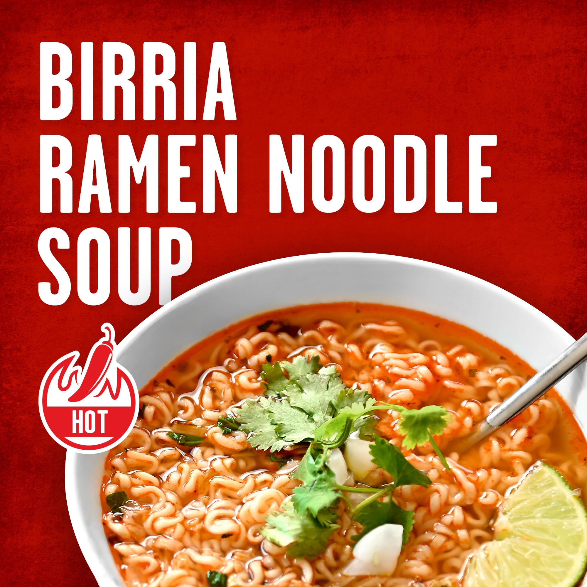 Noodles close-up highlights chewy texture and authentic Tapatío Birria-inspired flavor.
