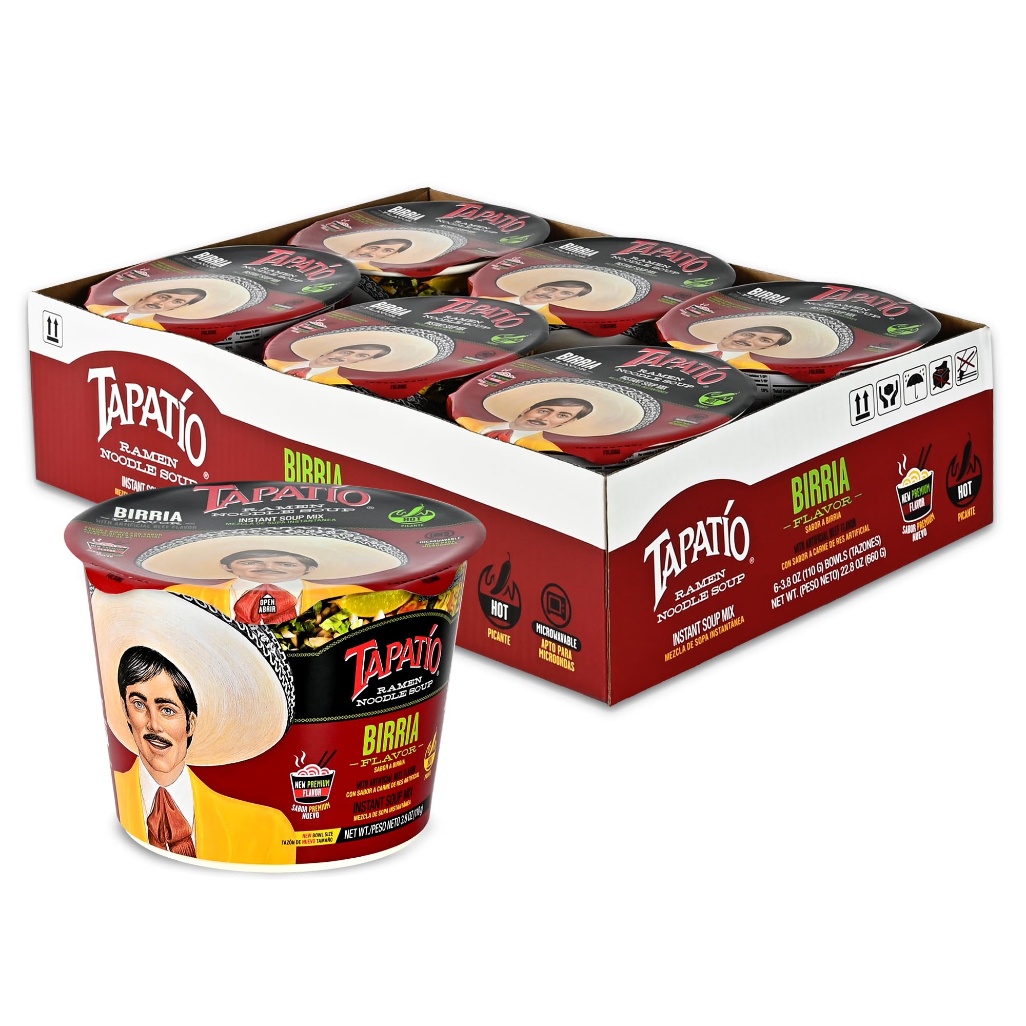 Tapatío Birria Ramen Noodle Soup packaging showing bold flavor in a convenient microwaveable bowl.