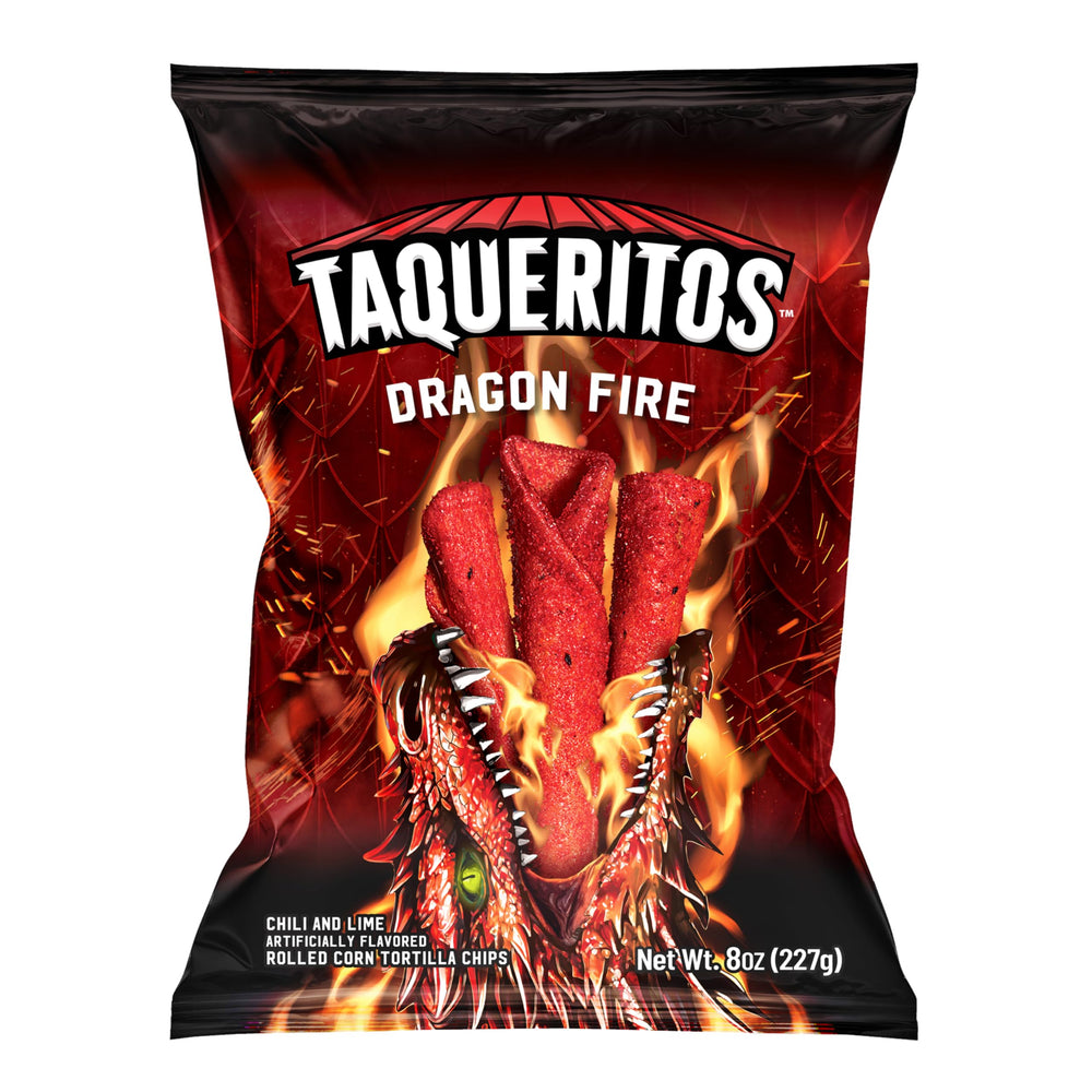 Taqueritos Dragon Fire bag front ready for bold snacking.