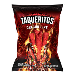 Taqueritos Dragon Fire bag front ready for bold snacking.