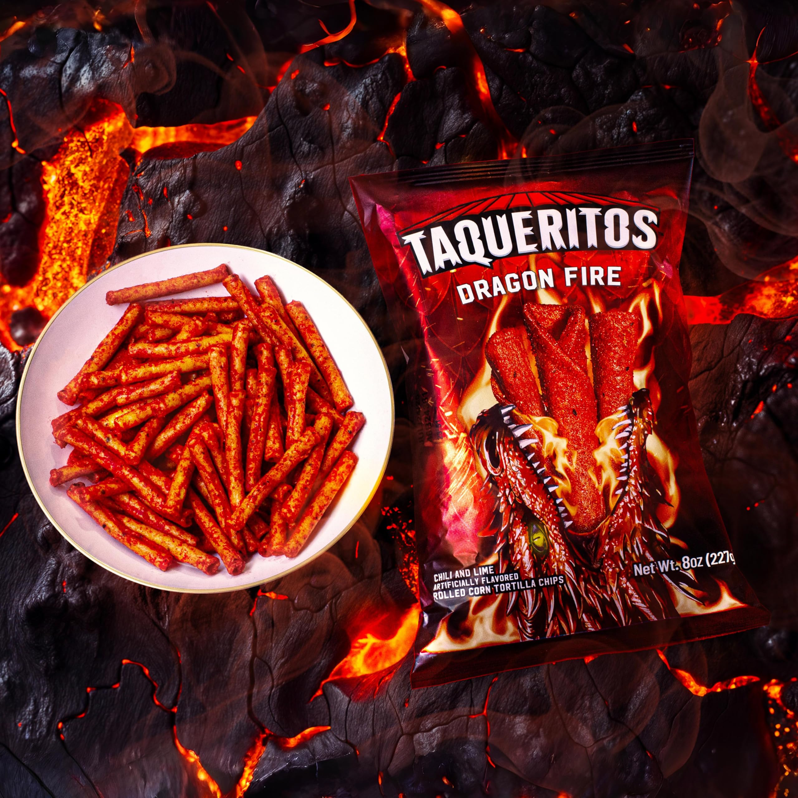 Taqueritos Dragon Fire pack open for on-the-go snacking.