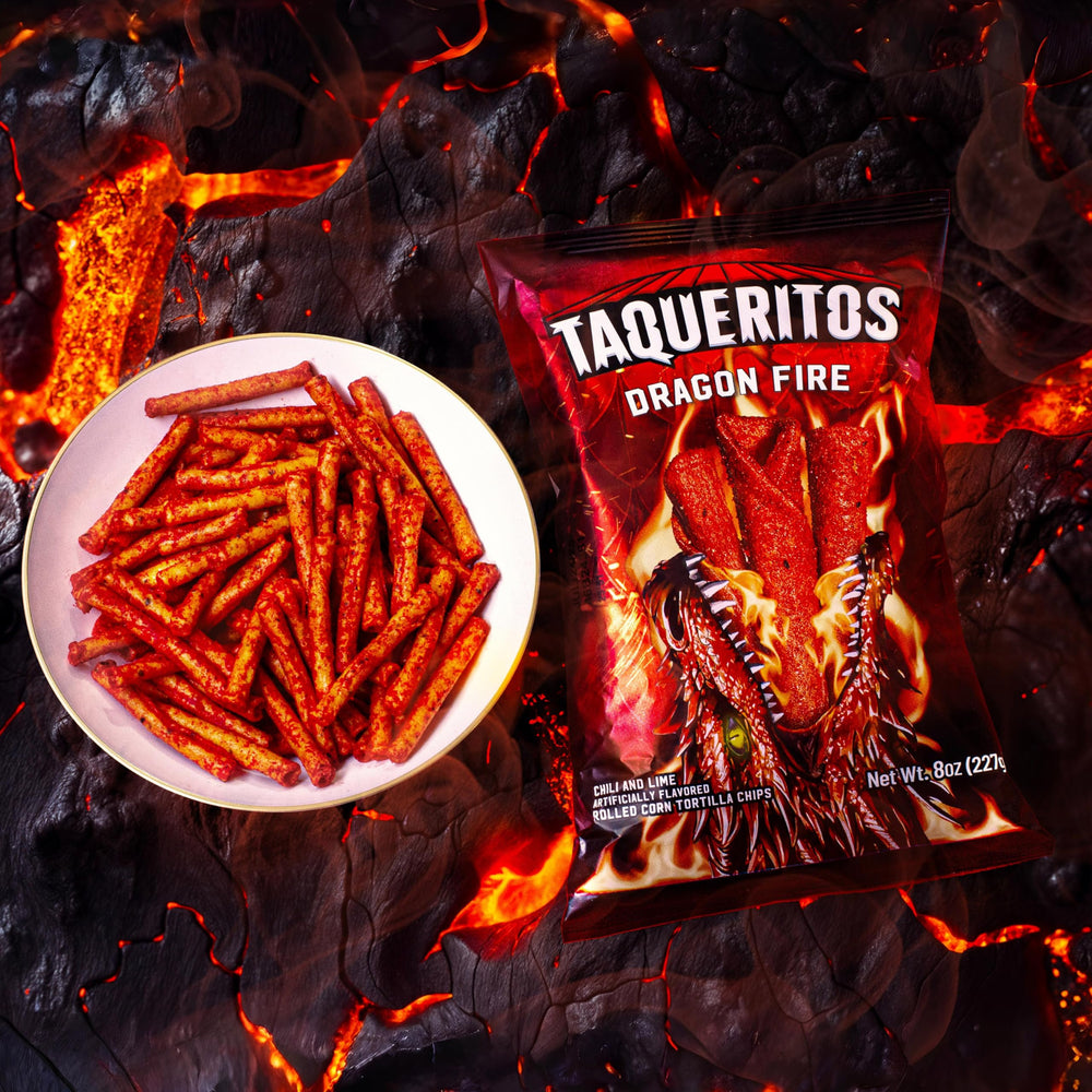 Taqueritos Dragon Fire pack open for on-the-go snacking.