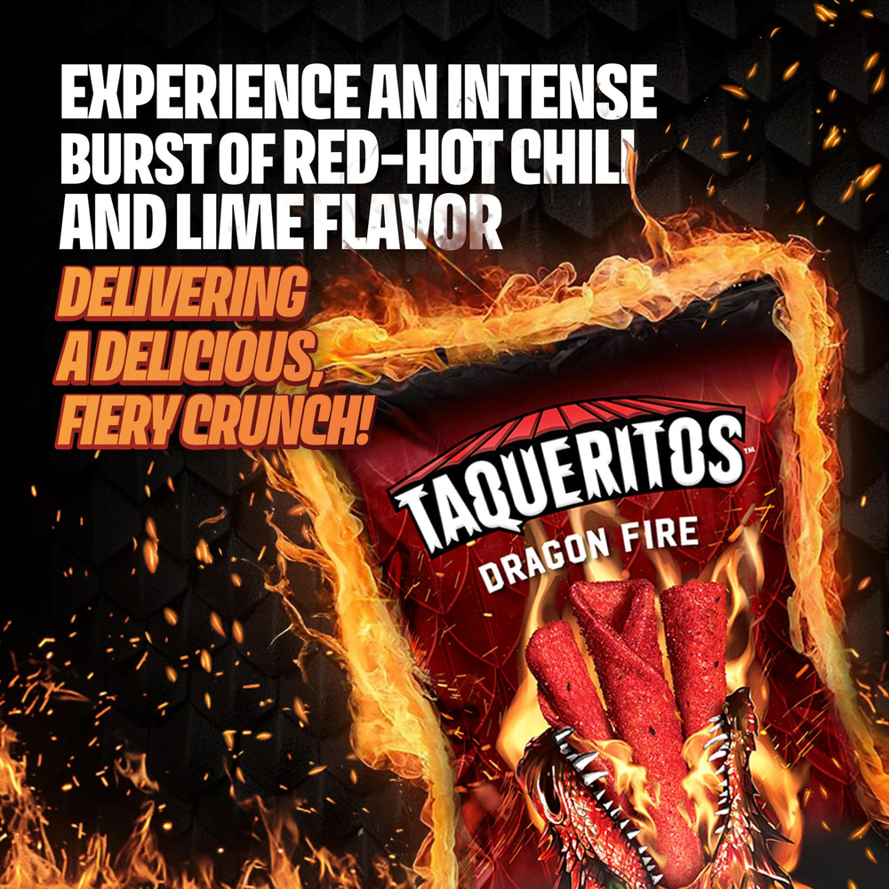 Dragon Fire spicy chili-lime flavor visible on chips.