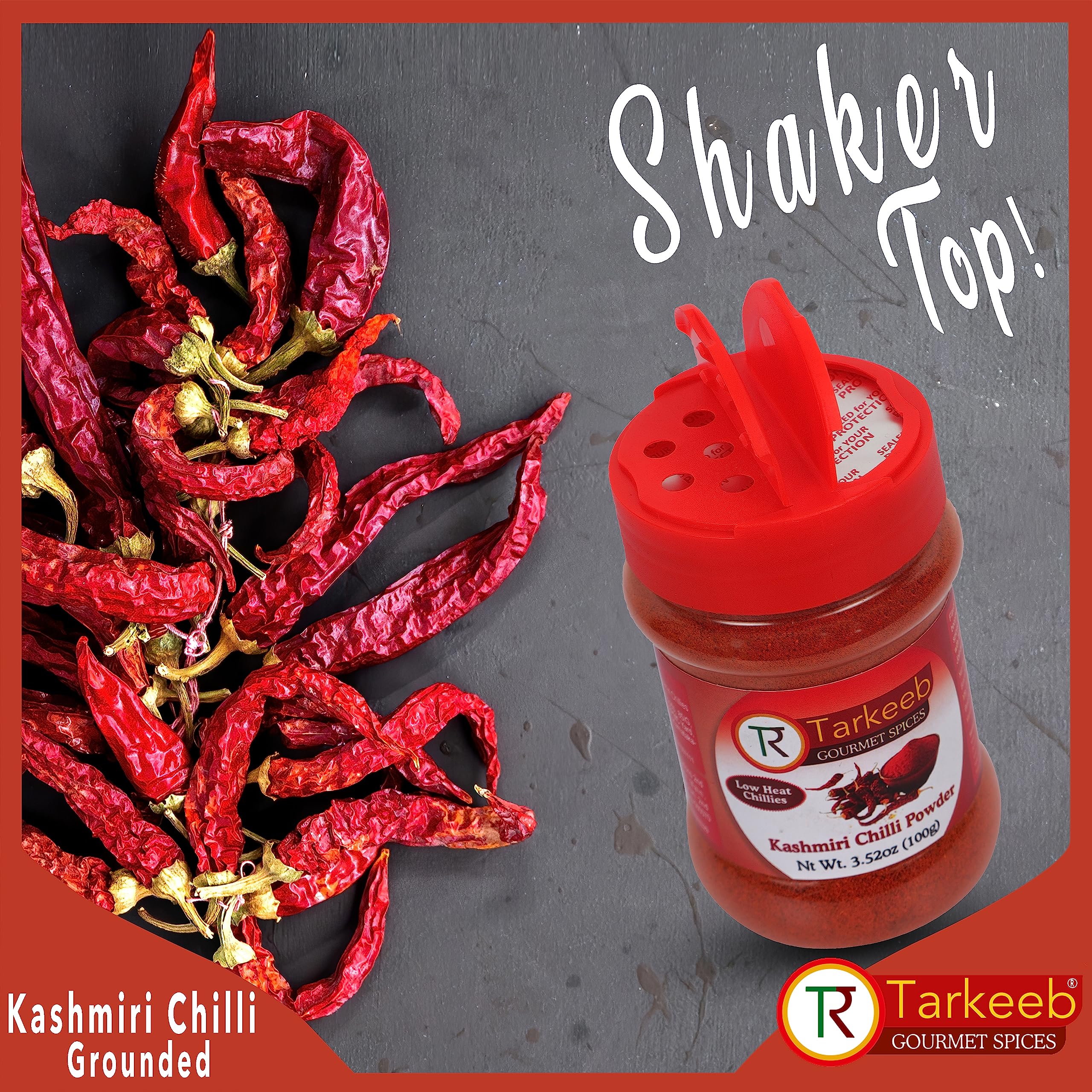 Tarkeeb Kashmiri chili powder close-up emphasizes rich red color.