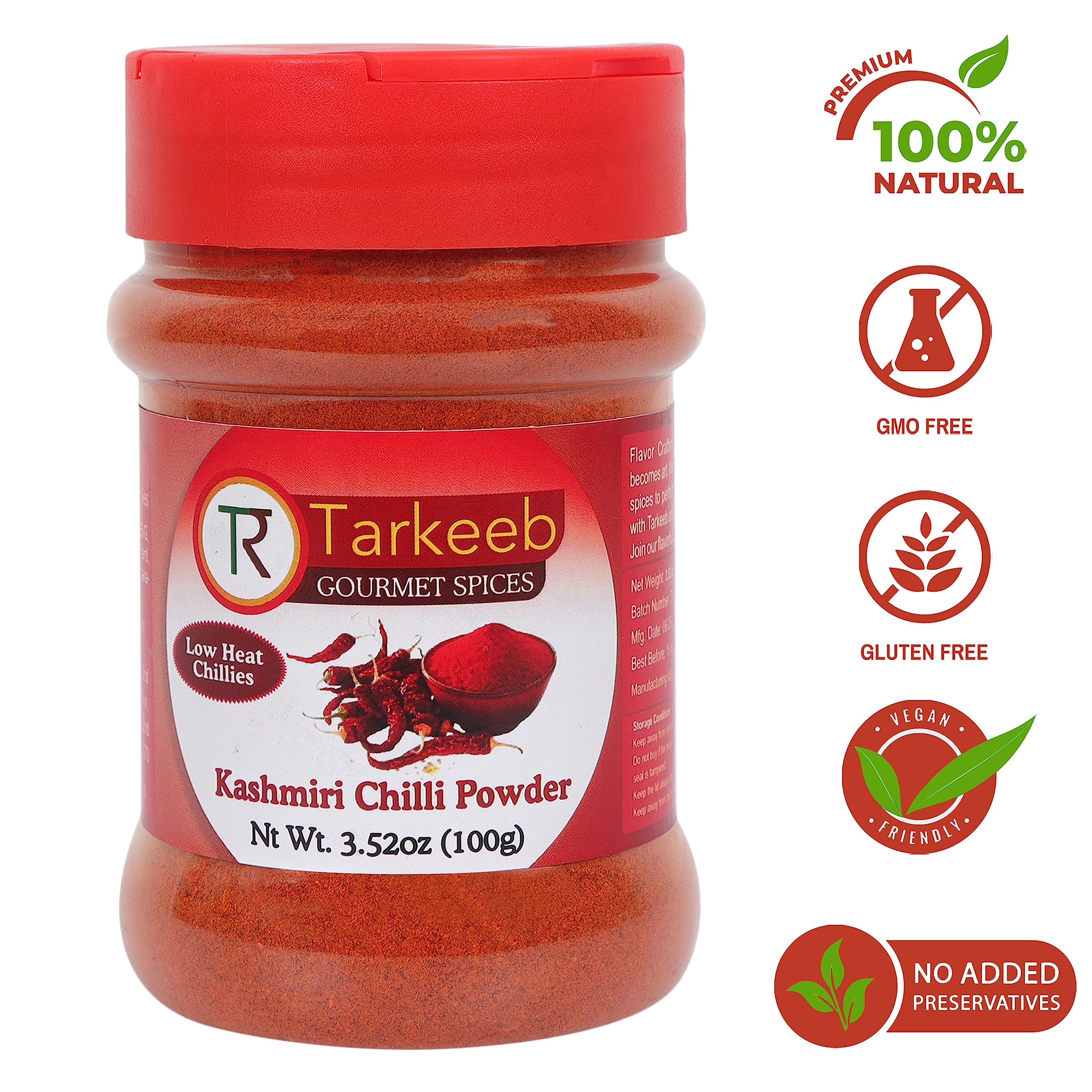 Tarkeeb Kashmiri chili powder pouring for controlled amounts and mild heat.