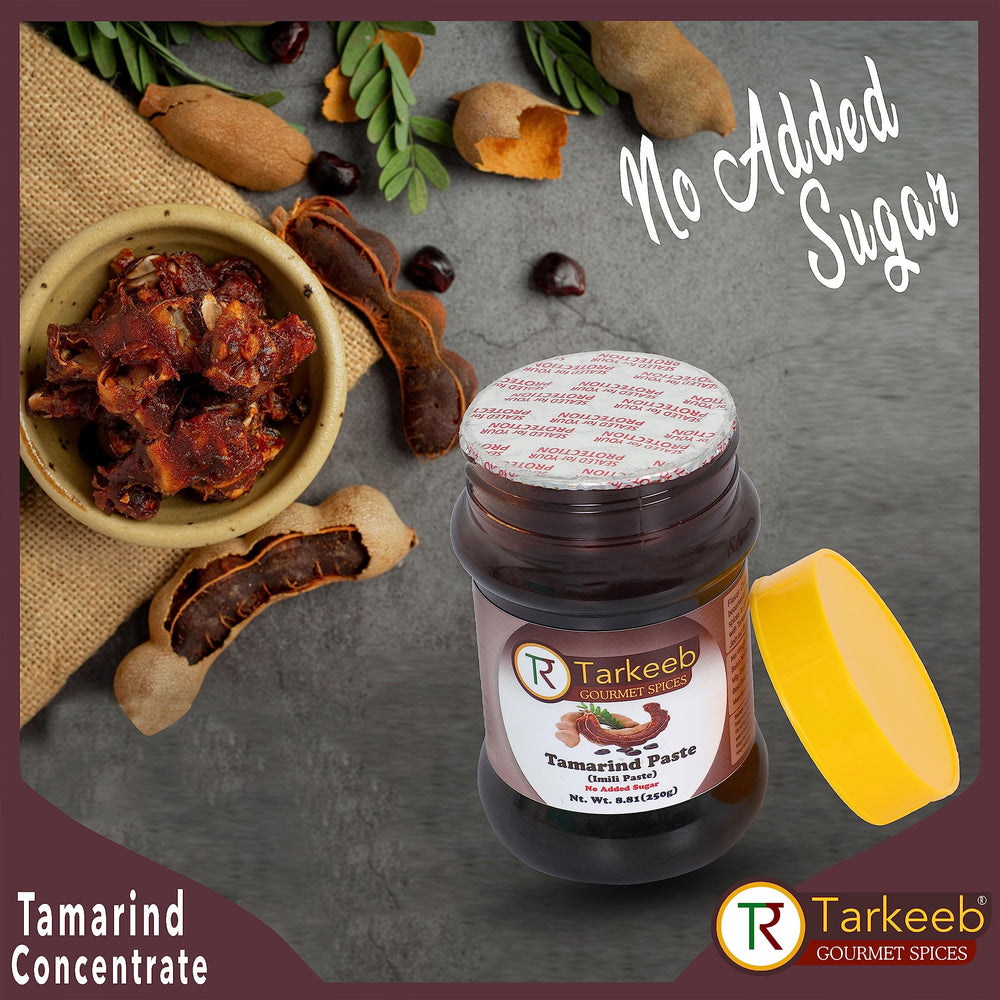 Tarkeeb Tamarind paste bottle pouring into a pan to flavor curries