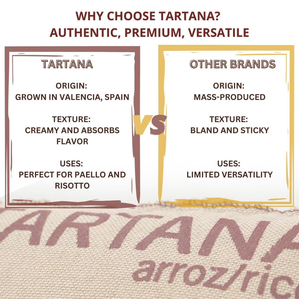 TARTANA Bomba rice packaging open reveals premium short-grain texture ideal for loose, broth-based dishes.