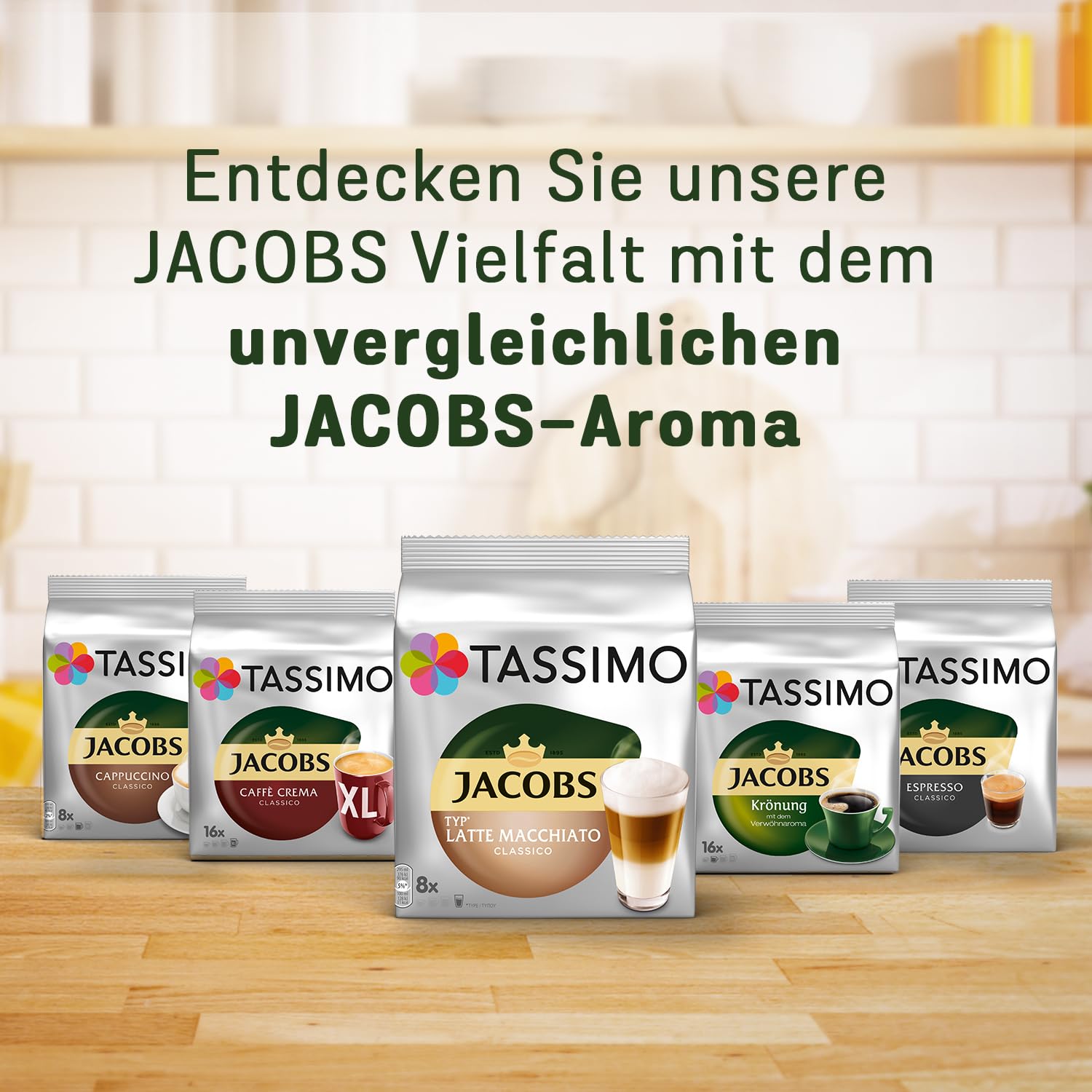Tassimo Jacobs Espresso discs in cup with crema – ready-to-sip espresso at home.