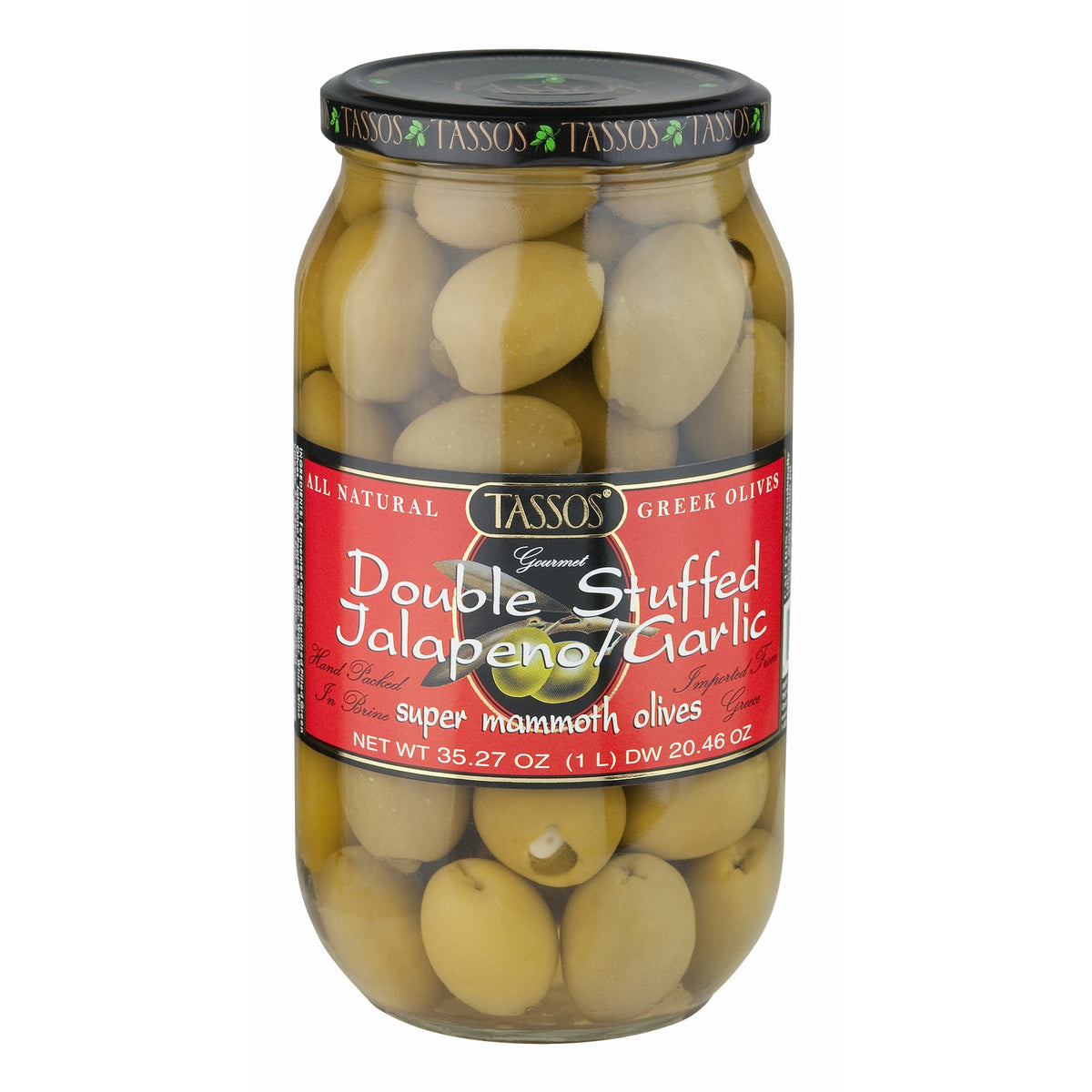 Tassos Double Stuffed Jalapeño Garlic Olives bottle ready to snack