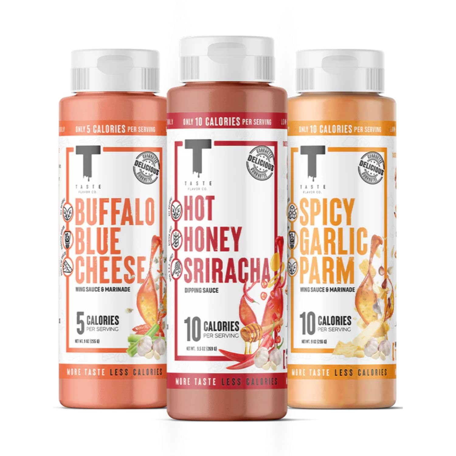 Taste Flavor Co. bottle pouring on grilled chicken for bold, low-calorie flavor.