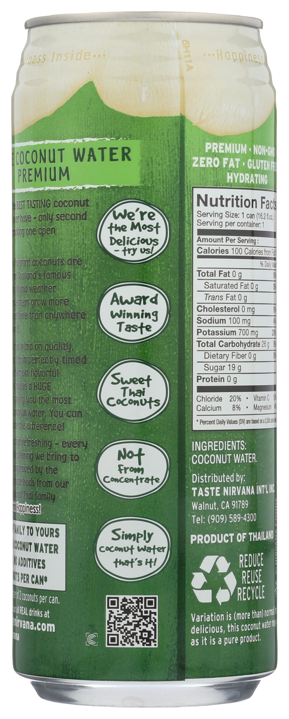 Taste Nirvana real coconut water 16oz can label close-up shows natural flavor cues.
