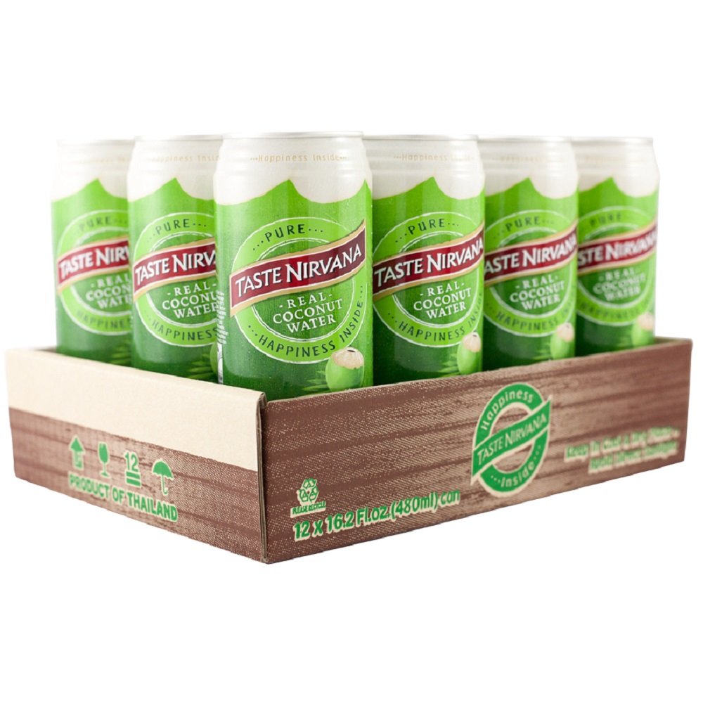 Taste Nirvana Coconut Water label closeup emphasizes natural origin and premium quality.