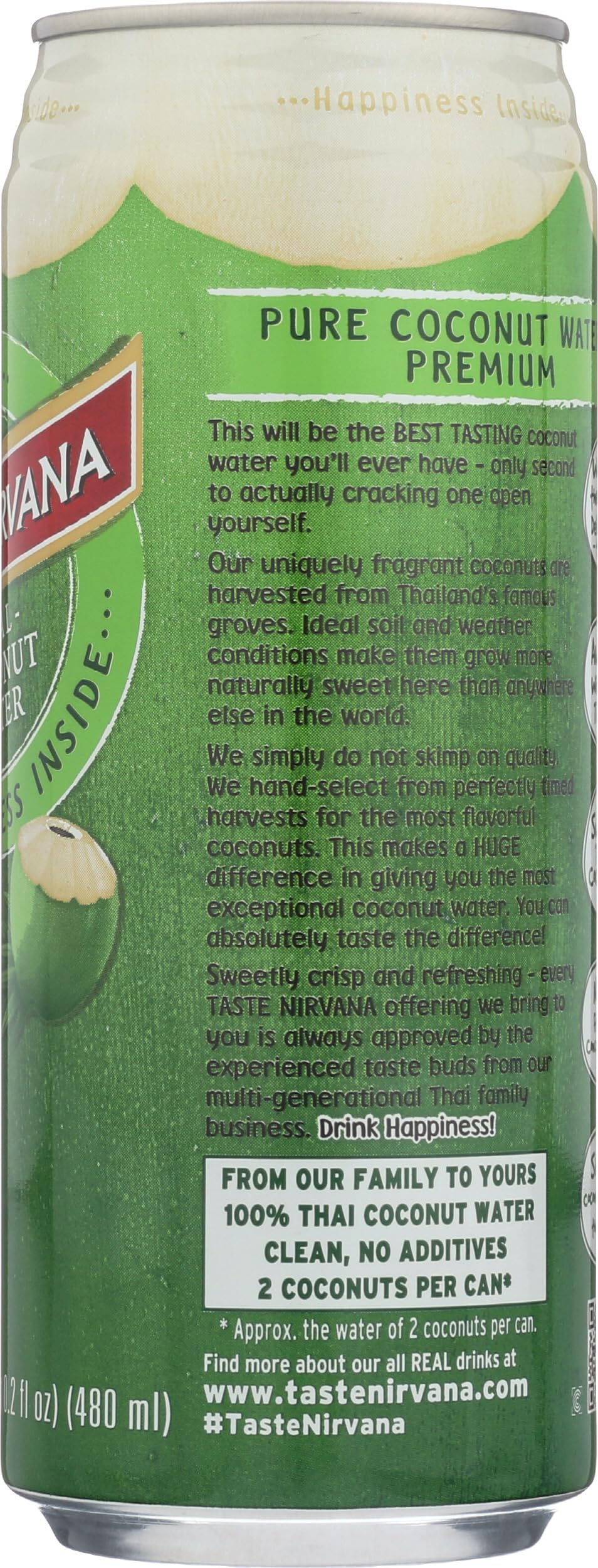 Taste Nirvana real coconut water clean-label detail communicates transparency.