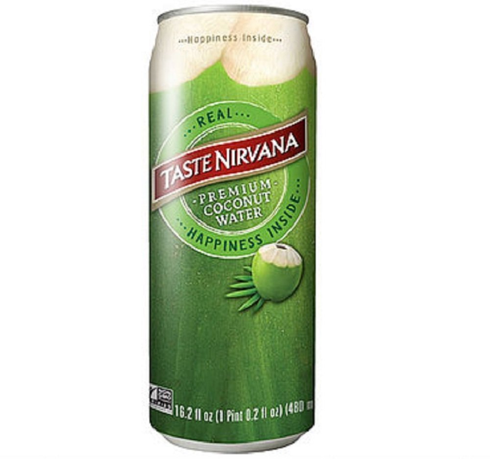 Taste Nirvana Real Premium Coconut Water can on display, ideal for on-the-go hydration.