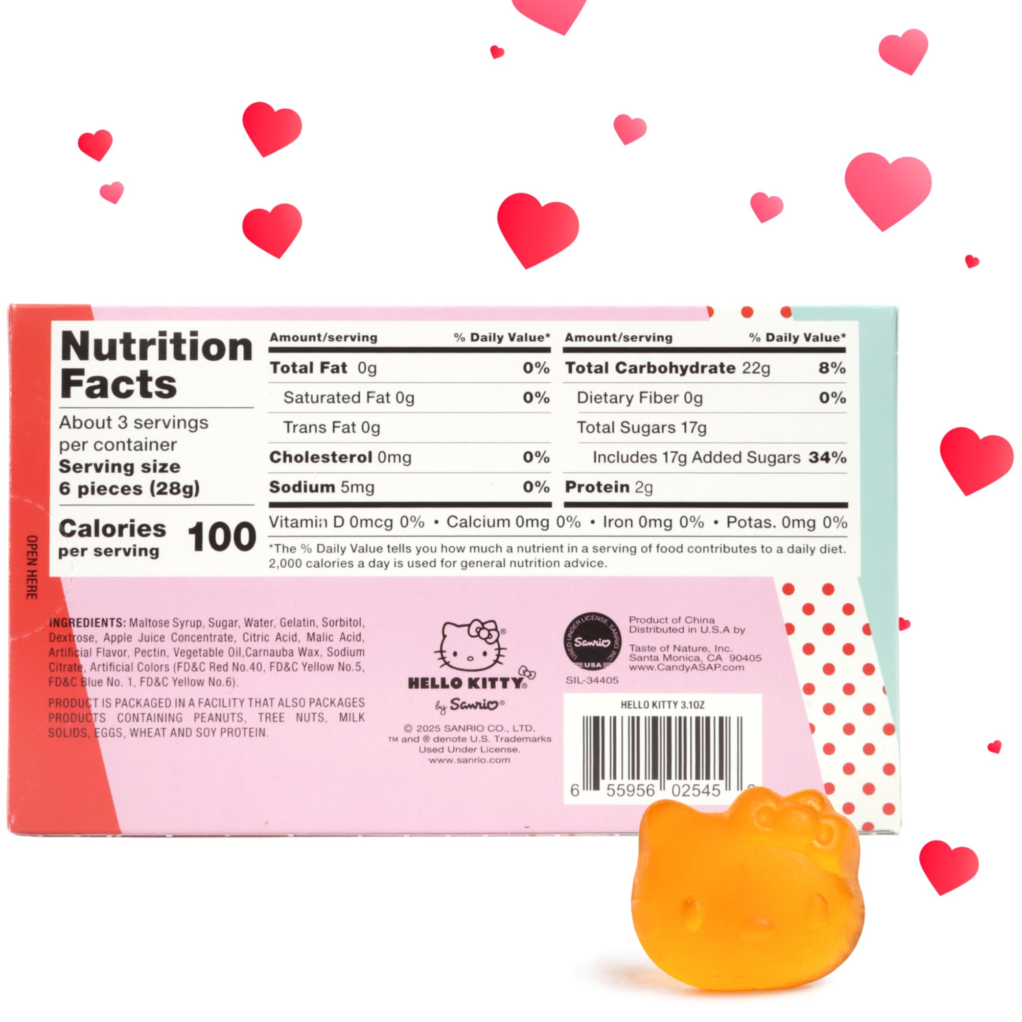 Taste of Nature Hello Kitty gummies with to-from section for easy personalized gifting notes.