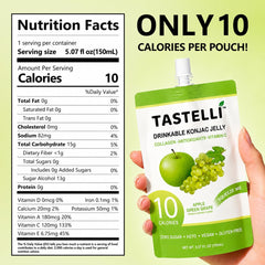 Nutrition label on Tastelli Konjac Jelly bottle highlights collagen and vitamin C benefits.