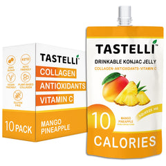Tastelli konjac jelly pouch with collagen mango pineapple, low-calorie treat.