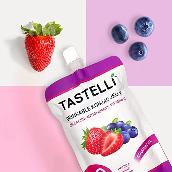 Label highlights collagen and vitamin C in Tastelli Konjac Jelly.