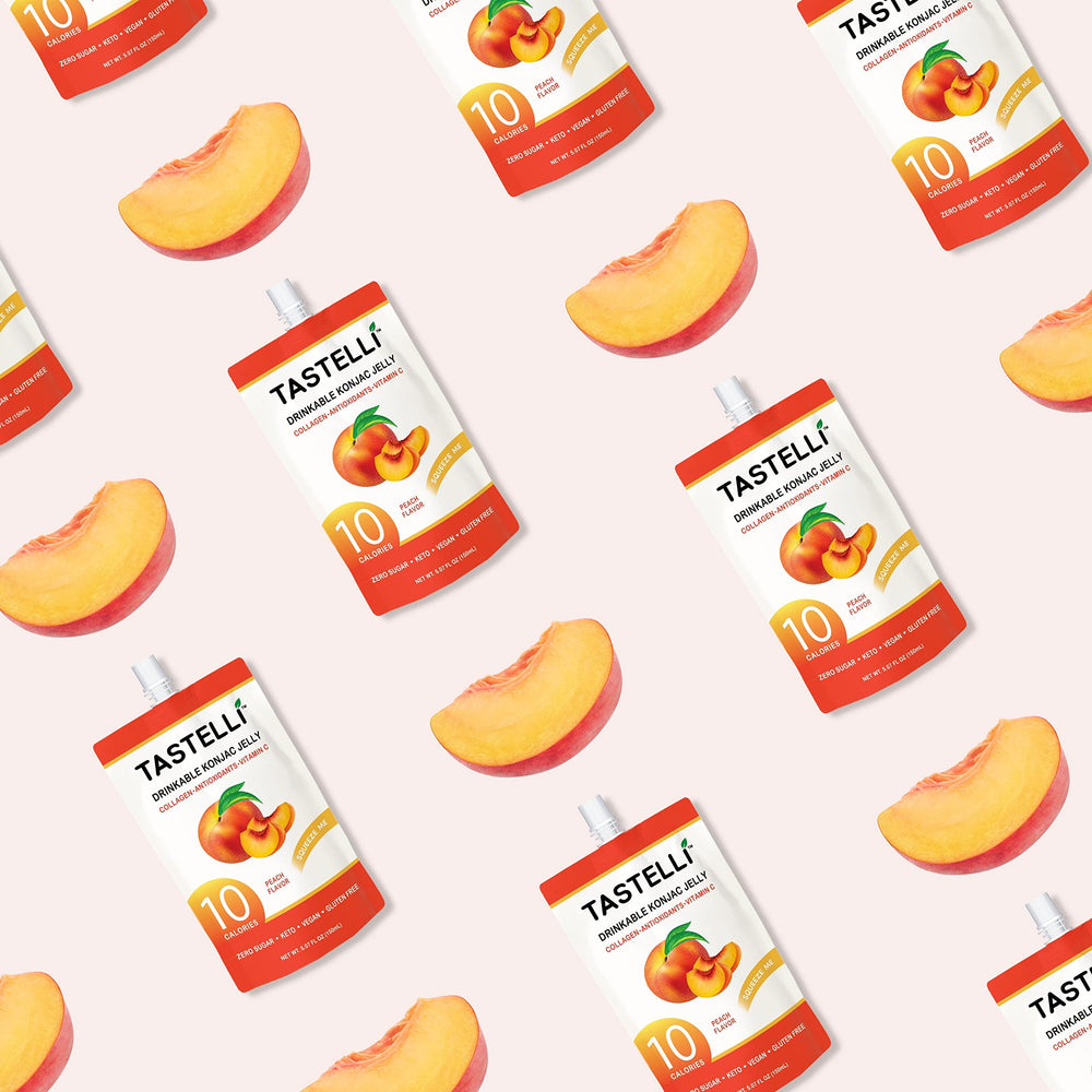 Tastelli peach konjac jelly on-the-go packaging, convenient squeeze pouch