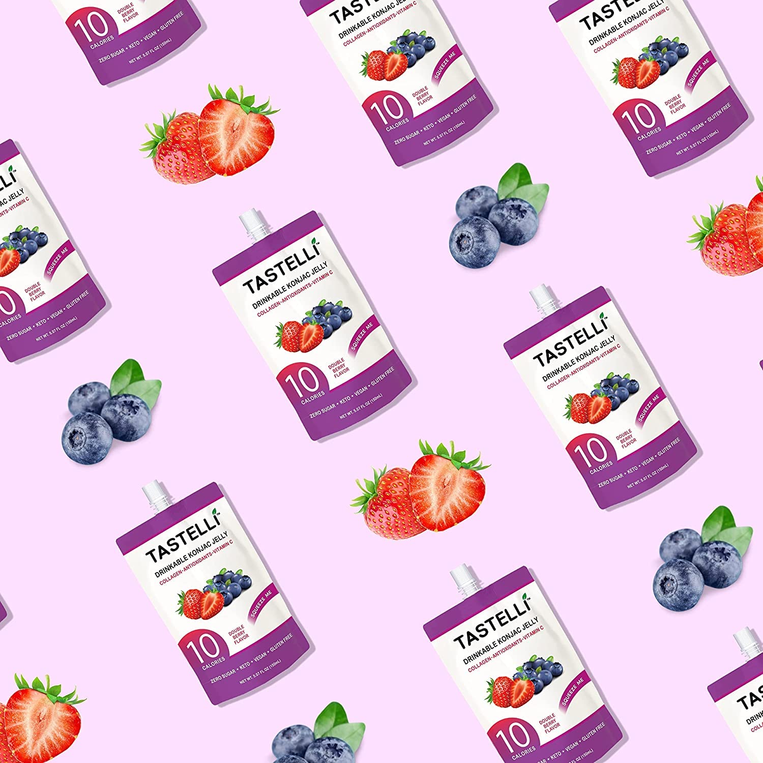 Vegan and gluten-free badge on Tastelli Konjac Jelly packaging.