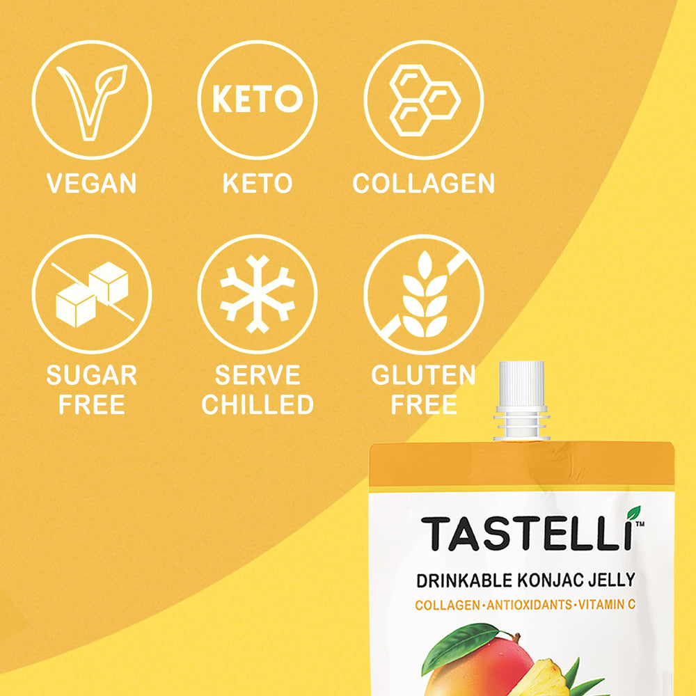 Tastelli vegan fruit jelly mango pineapple, convenient sipable snack.
