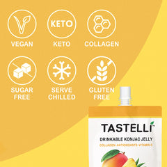 Tastelli vegan fruit jelly mango pineapple, convenient sipable snack.