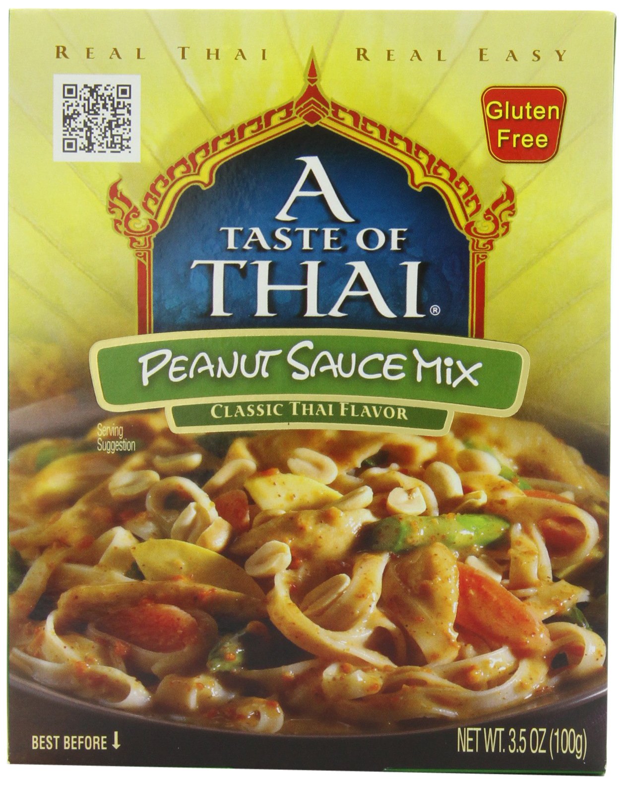 Taste of Thai peanut sauce packets on shelf, ready for quick meals.