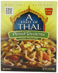Taste of Thai peanut sauce packets on shelf, ready for quick meals.