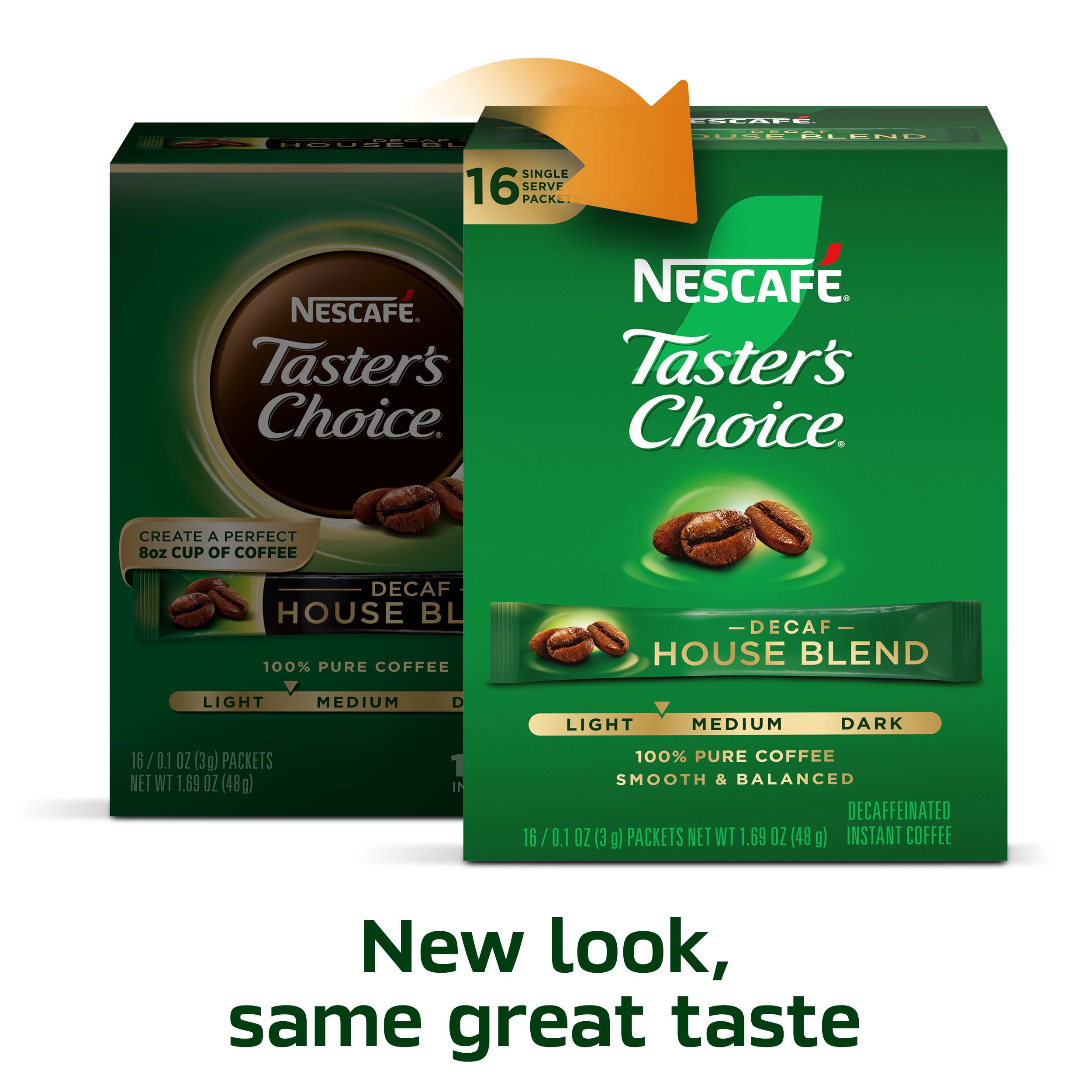Taster's Choice Decaf House Blend coffee beans reveal Arabica and Robusta blend