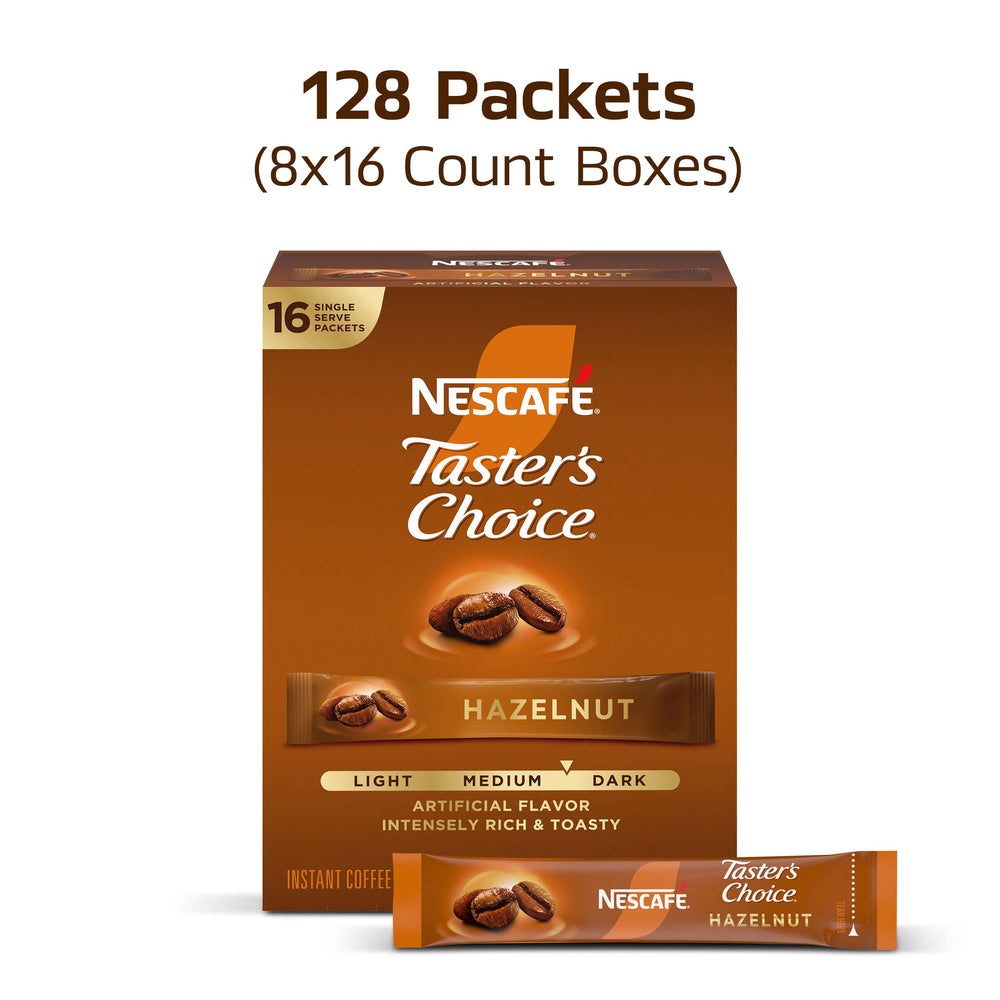 Taster's Choice hazelnut coffee packet closeup highlighting rich aroma.