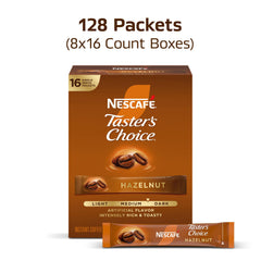 Taster's Choice hazelnut coffee packet closeup highlighting rich aroma.