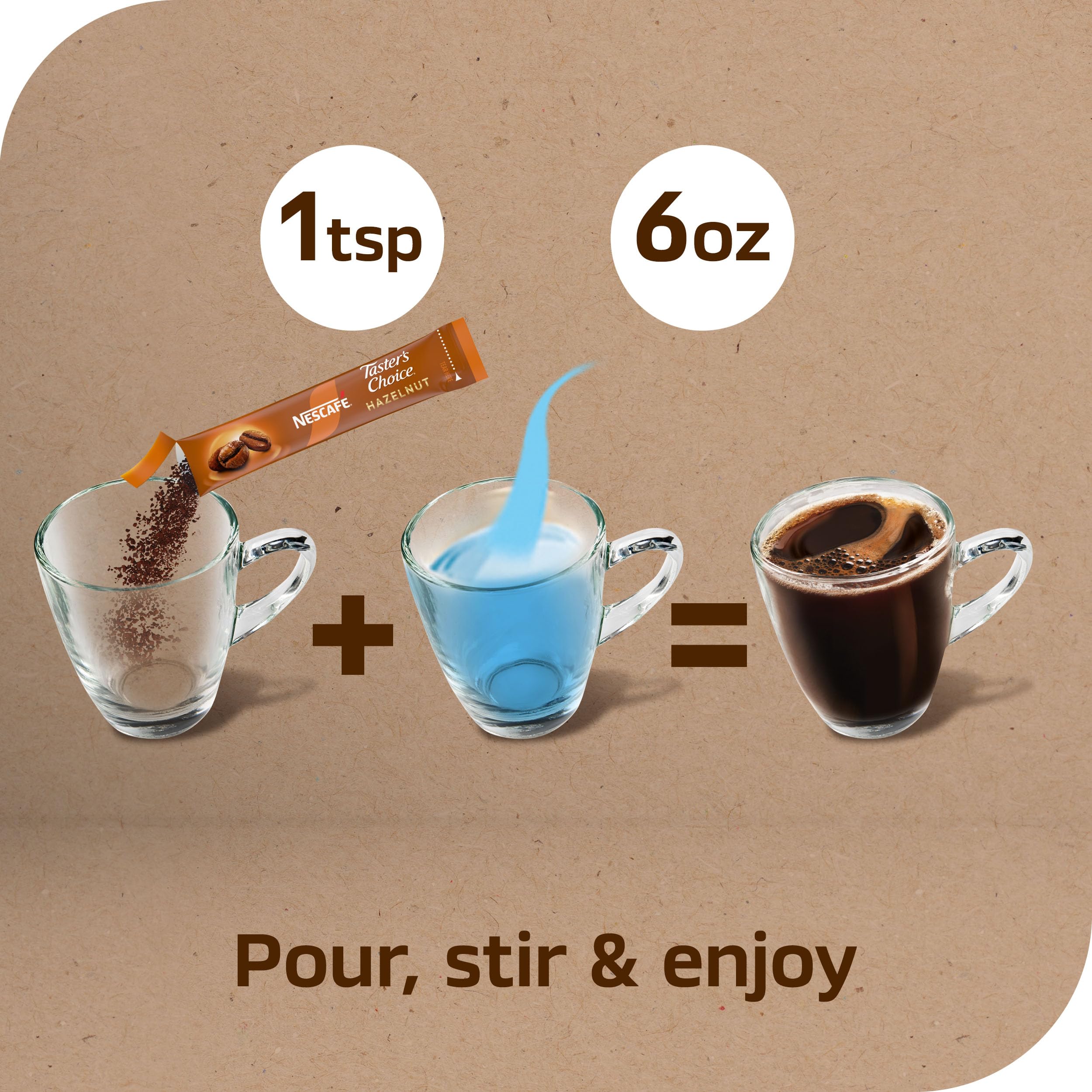 Taster's Choice instant coffee packets ready with hot water and stir.