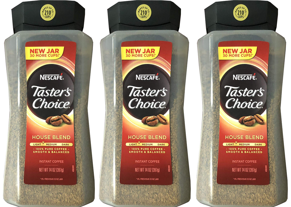 Taster's Choice Original Gourmet Instant Coffee 14oz 3-pack packaging for quick morning boost.