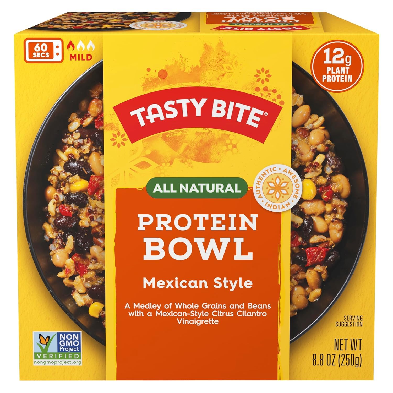 Tasty Bite vegan protein bowl showing beans, rice and quinoa for a plant-based lunch