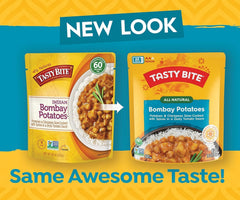 Tasty Bite Bombay Potatoes microwavable, ready in 60 seconds.