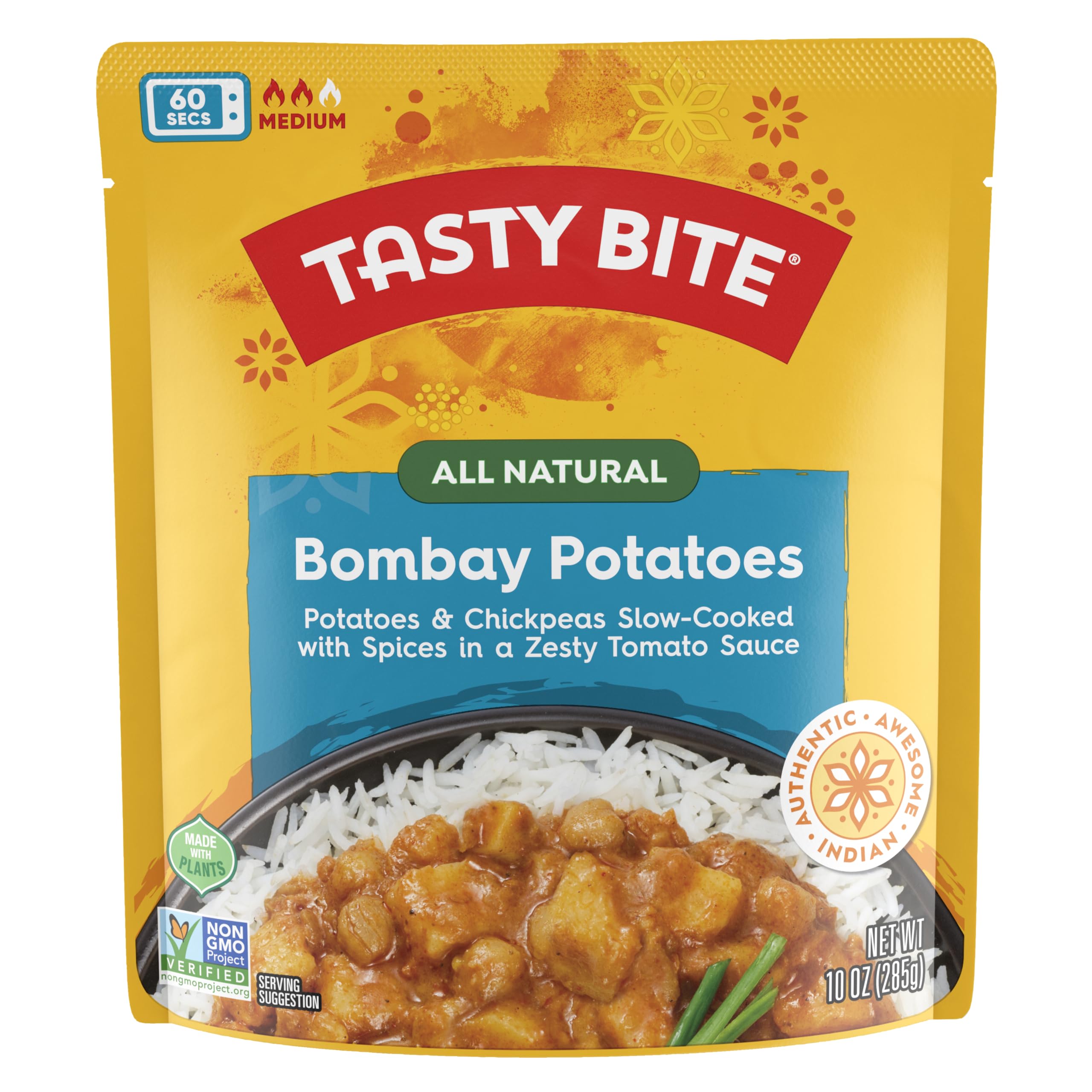 Tasty Bite Bombay Potatoes packaging, ready to heat for a quick vegan lunch.