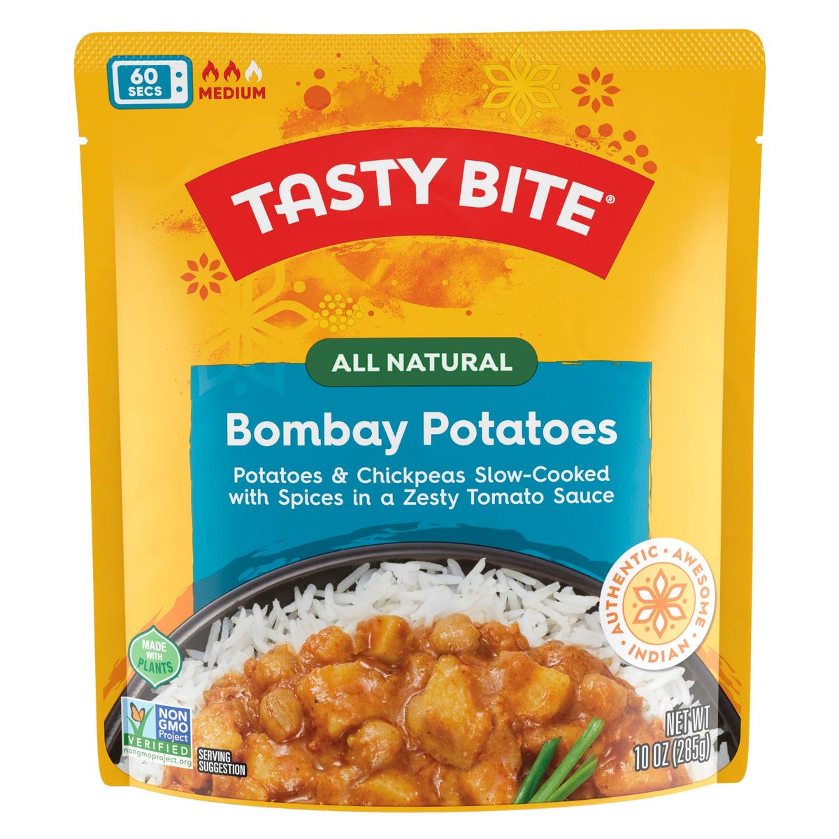 Tasty Bite Bombay Potatoes packaging, ready to heat for a quick vegan lunch.