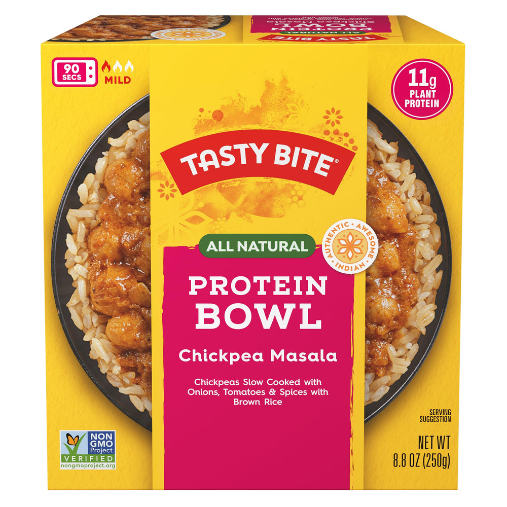 Tasty Bite Chickpeas & Rice Bowl plated with Indian flavors.