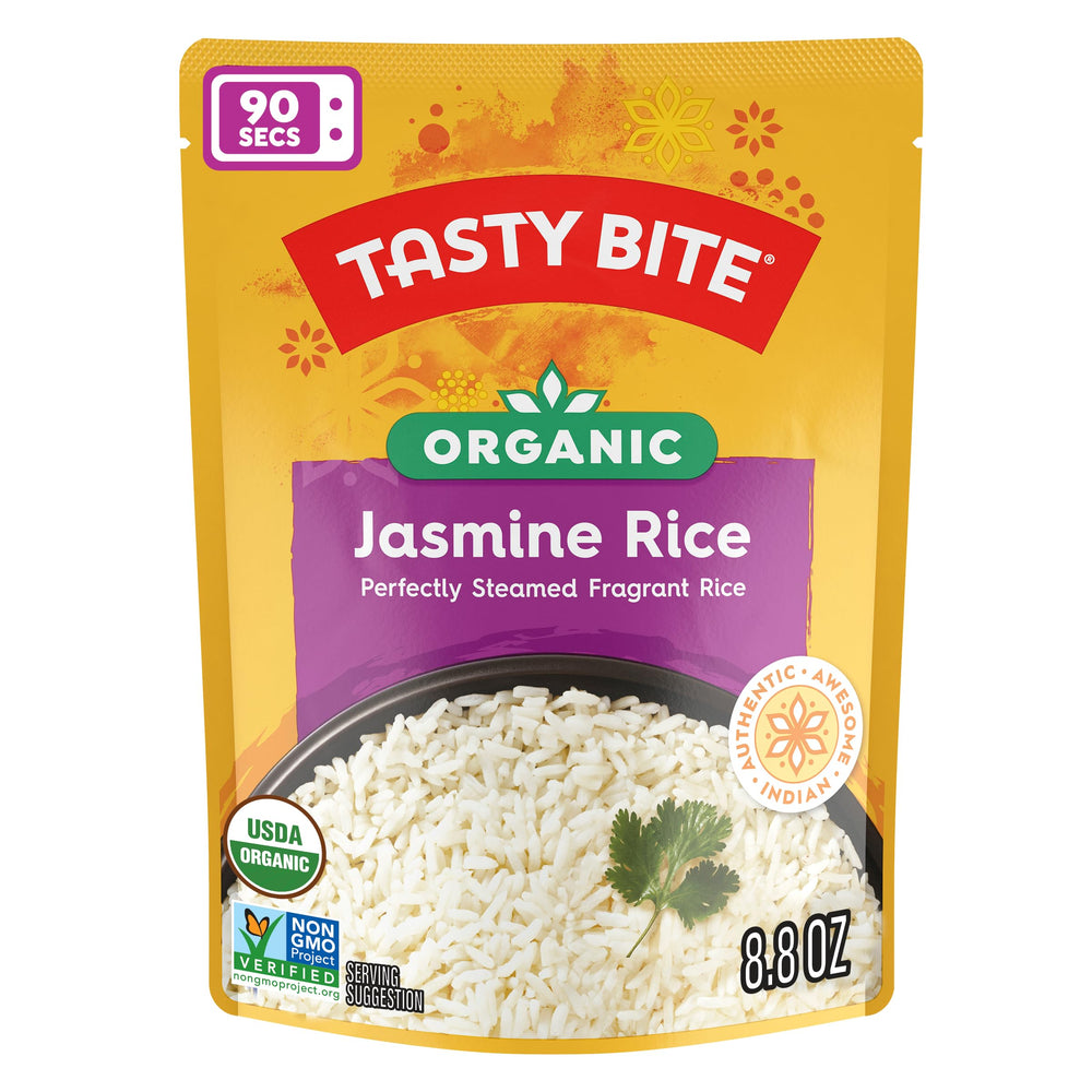 Tasty Bite Jasmine Rice ready-in-90-seconds cup, convenient microwave meal option.