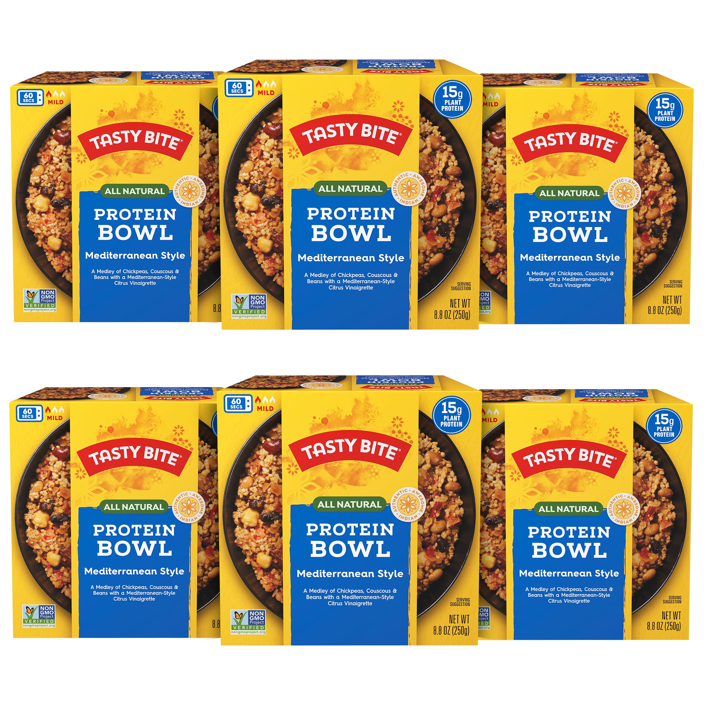 Tasty Bite Mediterranean Protein Bowl six-pack, ready-to-eat meals.