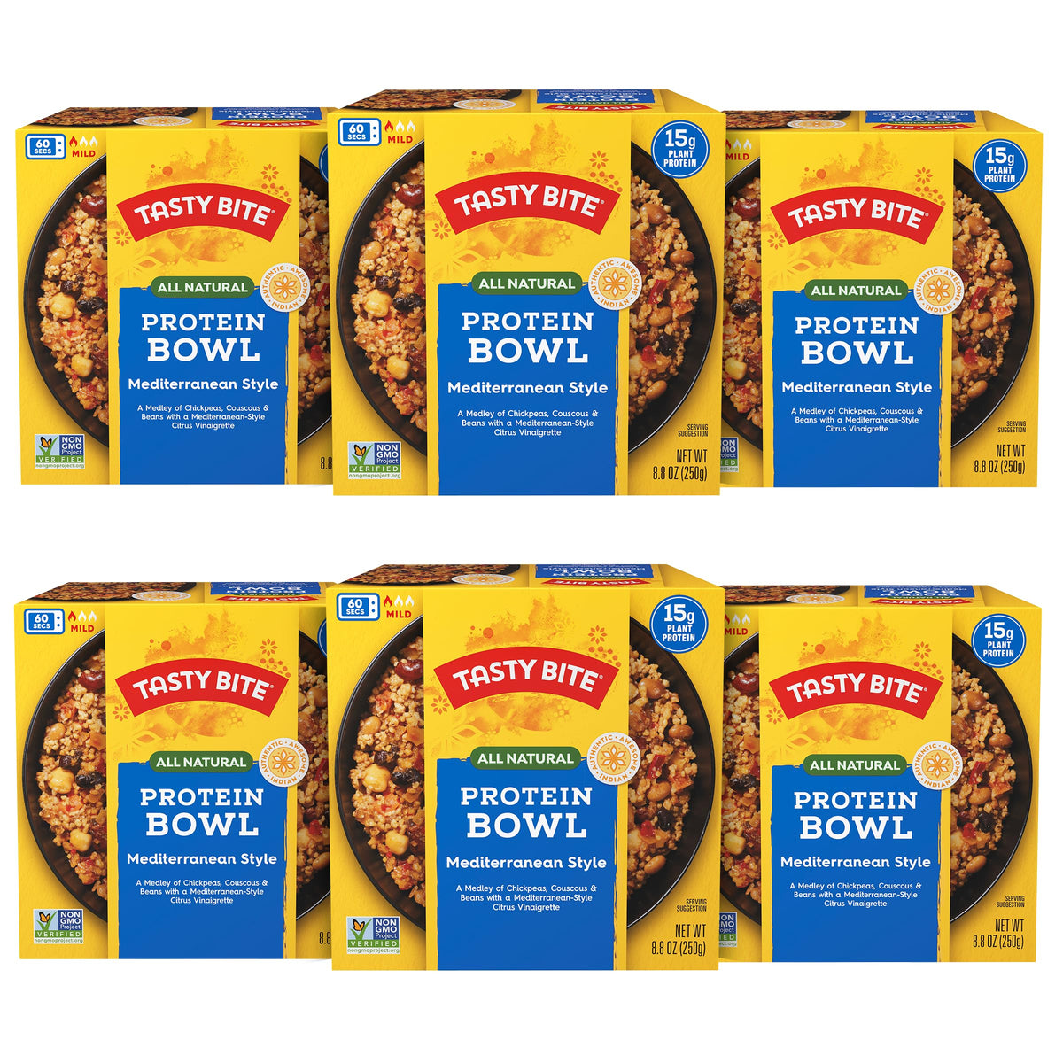 Tasty Bite Mediterranean Protein Bowl six-pack, ready-to-eat meals.