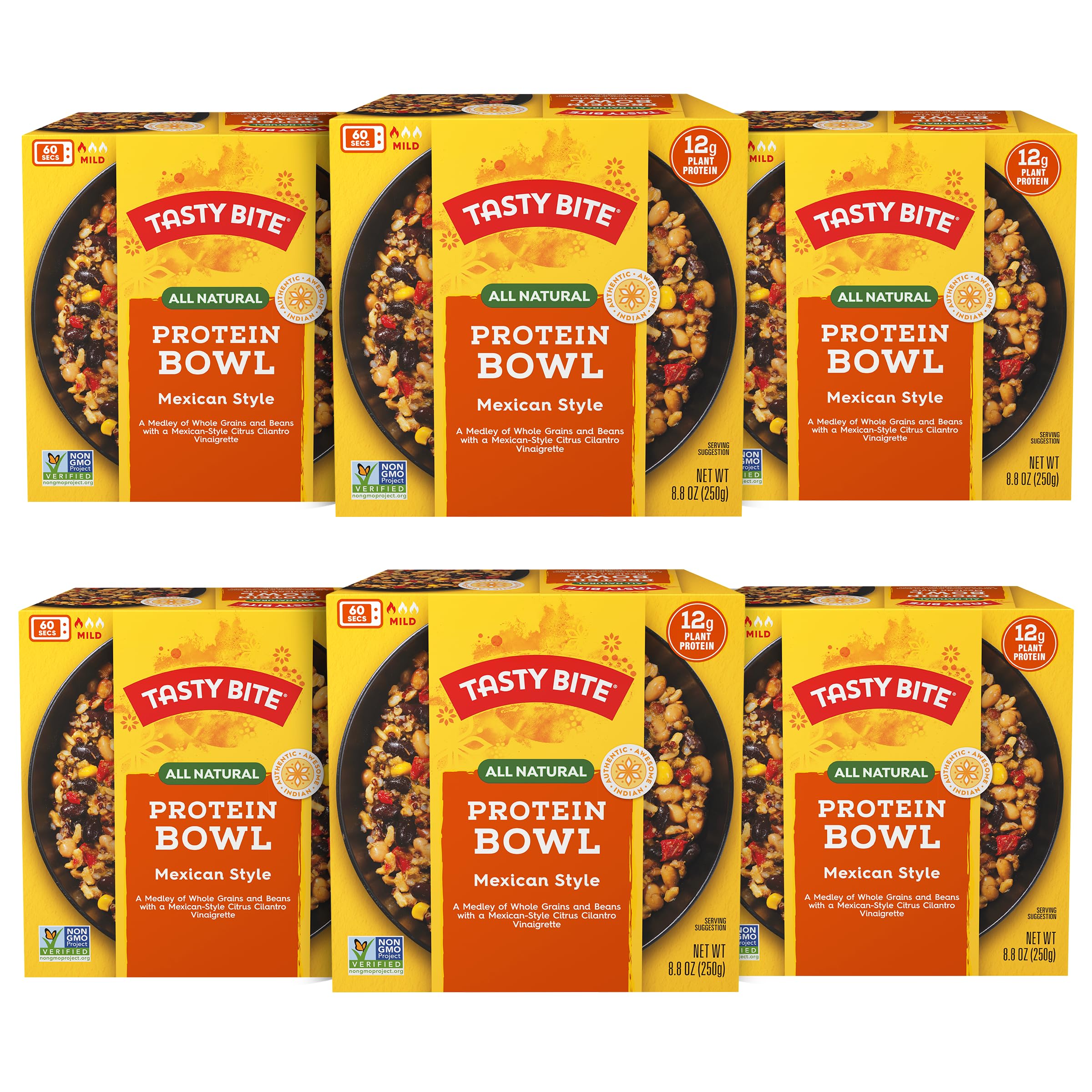 Tasty Bite Mexican Protein Bowl ready to eat with tangy citrus vinaigrette for quick meals