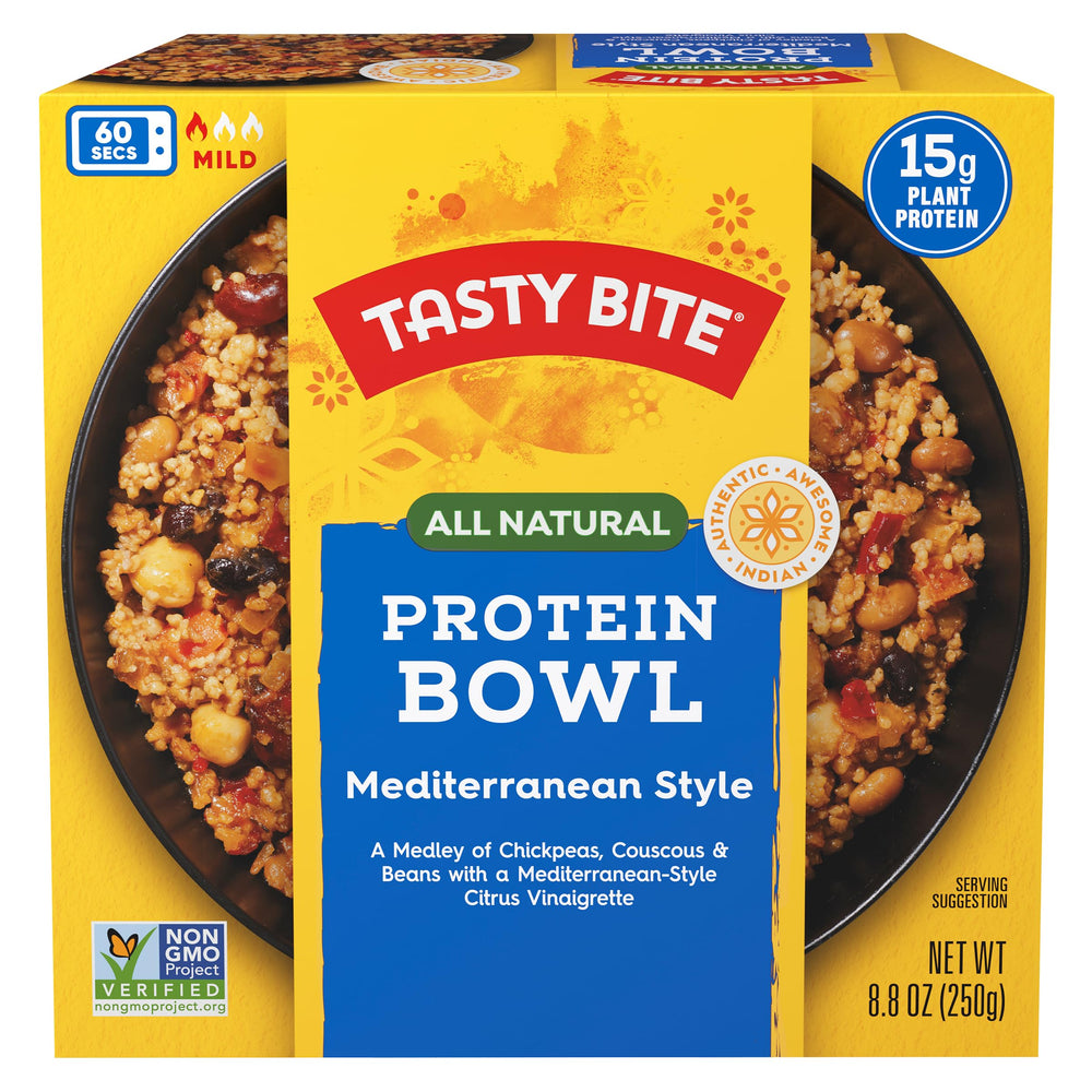 Tasty Bite microwave-ready protein bowl steaming, ideal for quick office lunches.