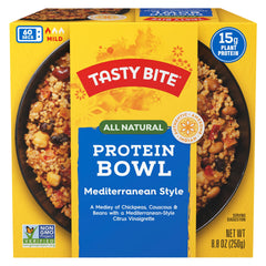 Tasty Bite microwave-ready protein bowl steaming, ideal for quick office lunches.