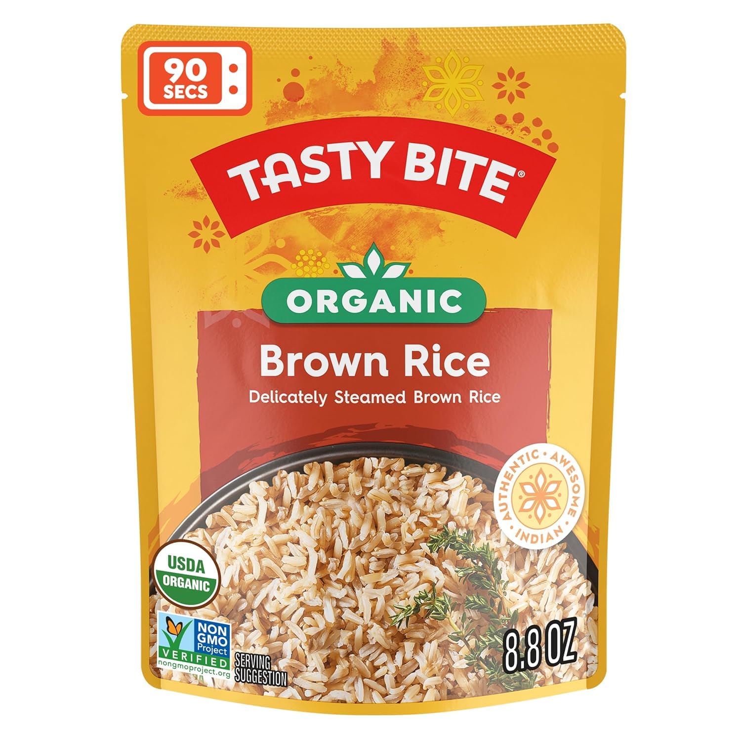 Tasty Bite Organic Brown Rice pouch steaming after microwaving for a quick side