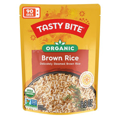 Tasty Bite Organic Brown Rice pouch steaming after microwaving for a quick side