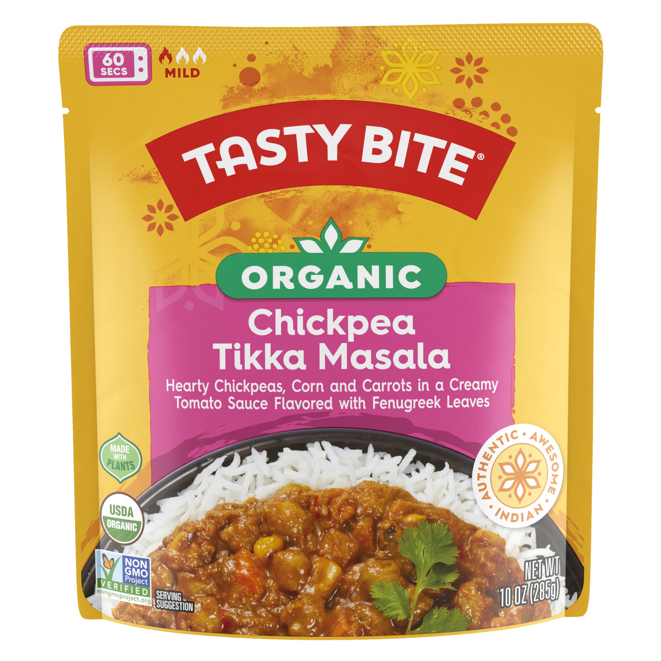 Tasty Bite Organic Chickpea Tikka Masala packaging focuses on premium ingredients for quick weeknight meals.