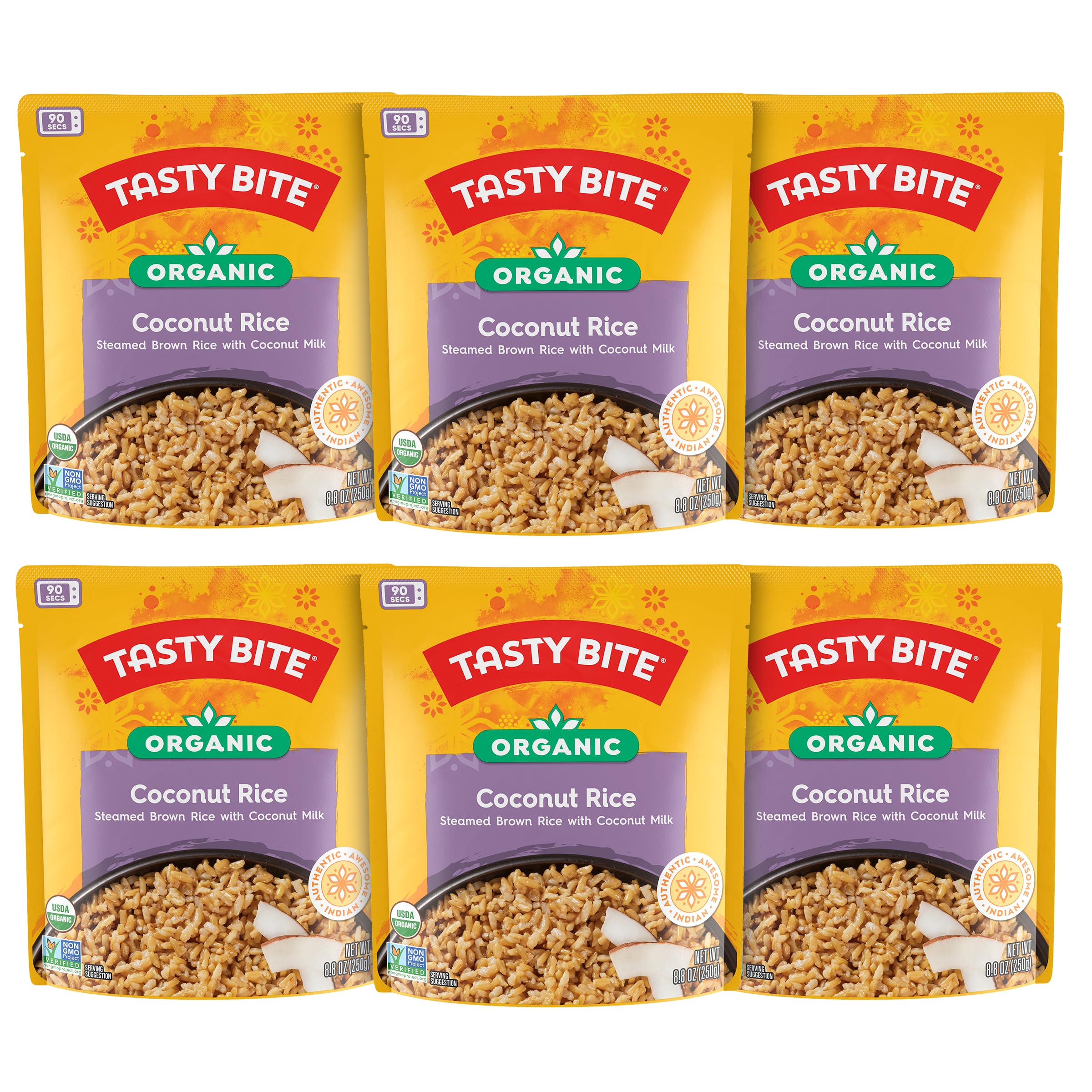 TASTY BITE Organic Coconut Rice pack of six, microwavable convenience for quick meals.
